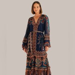 Farm Rio Orange Ainika Tapestry Slit Maxi Dress